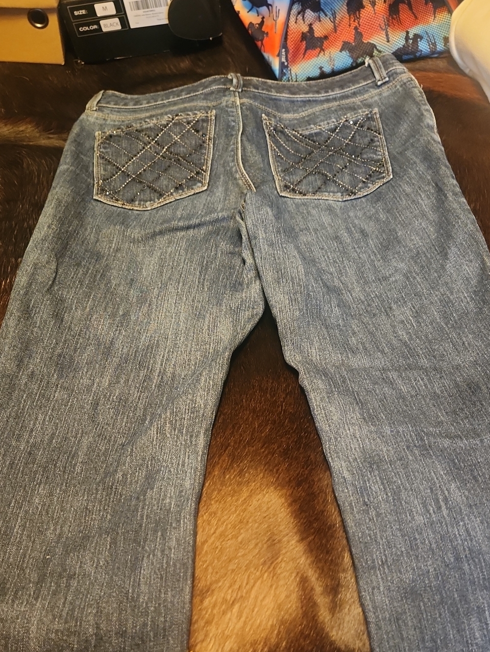 New York & Company Blue Boot Cut Jeans with Diamond-Stitch Back Pockets